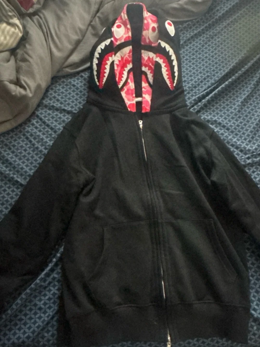 Bape Black Zip-Up Shark Hoodie with Red Camo Hood